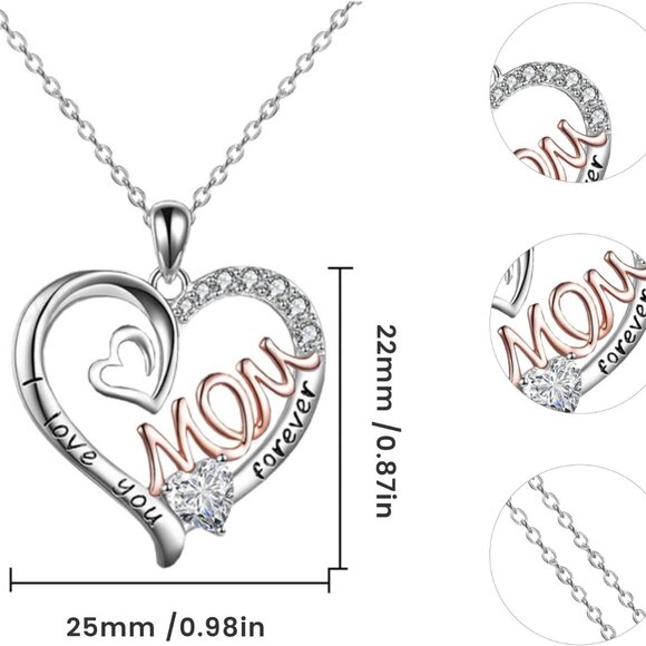 Heart Pendant Necklace Silver Rhinestone Gift for Mom from Daughter Son - Picture 6 of 8